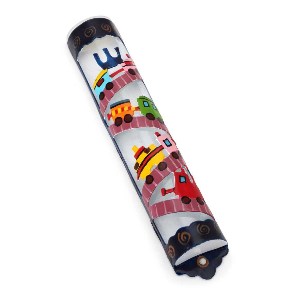 Yair Emanuel Laser Cut Hand Painted Metal Mezuzah - Toy Train main product photo