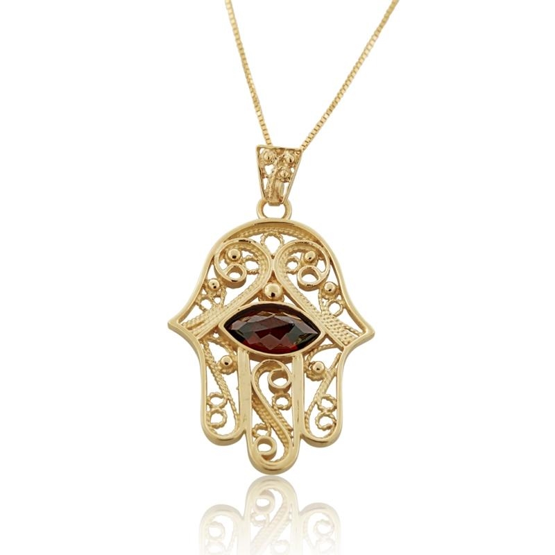 14K Gold and Garnet Filigree Hamsa Pendant main product photo