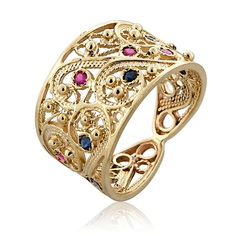 14K Gold and Gemstones Filigree Ring main product photo