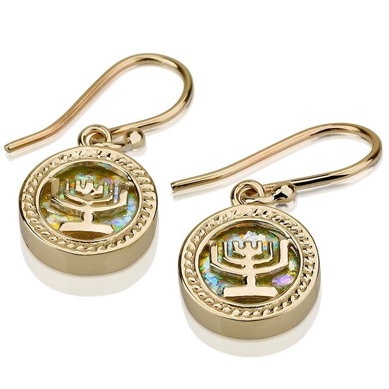 14K Gold and Roman Glass Menorah Earrings main product photo