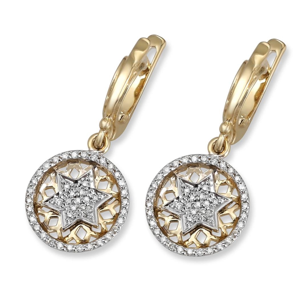 14K Gold Circular Disc Star of David Diamond Earrings main product photo