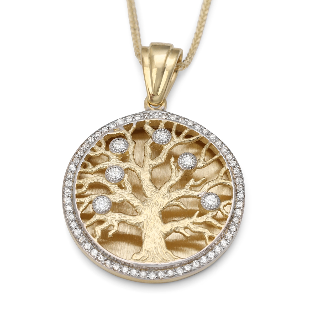 14K Gold Diamond-Studded Round Tree of Life Pendant Necklace - Large main product photo