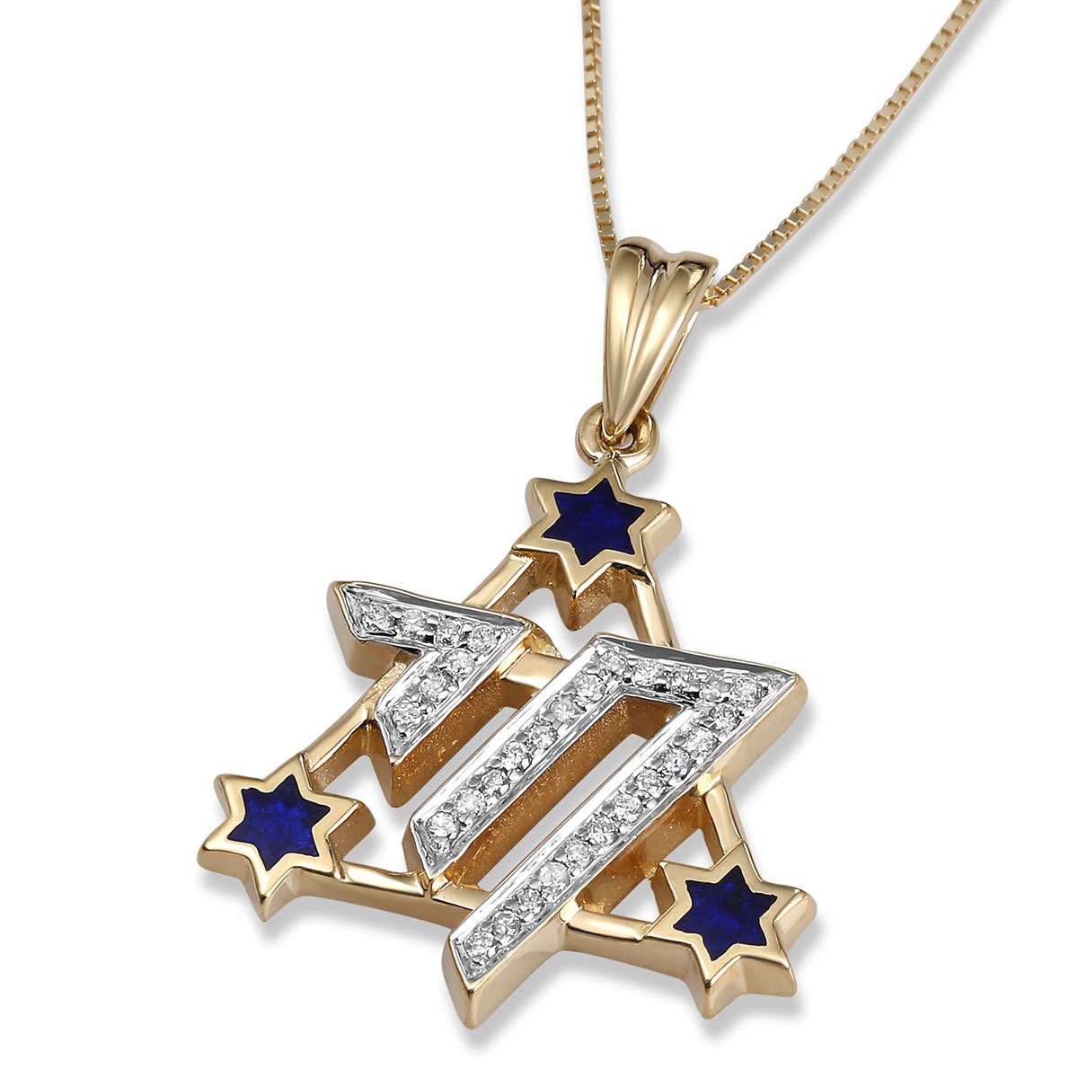 14K Yellow Gold & Blue Enamel Star of David Chai Diamond Pendant main product photo