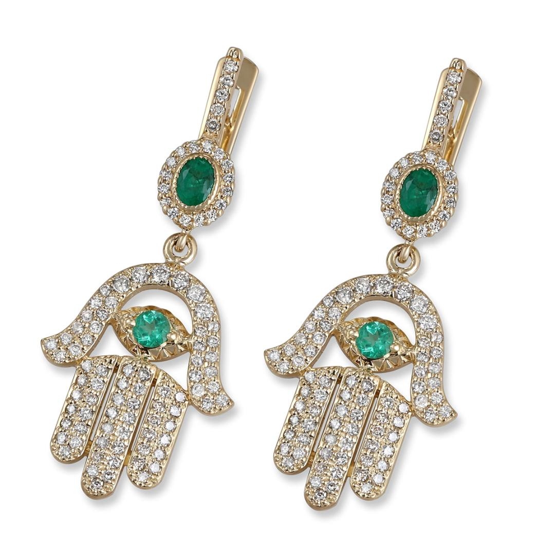 14K Yellow Gold Evil Eye Hamsa Diamond Earrings with Emerald Stones main product photo