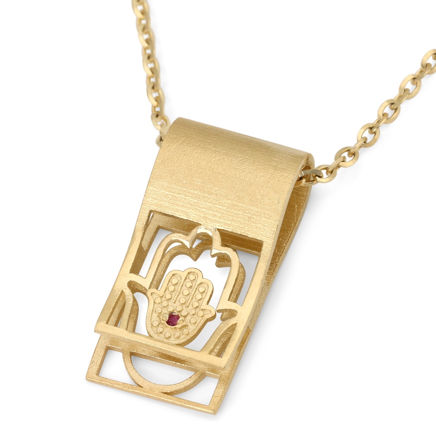 14K Gold Hamsa Folded Tab Ruby Pendant Necklace - Yellow or White Gold main product photo