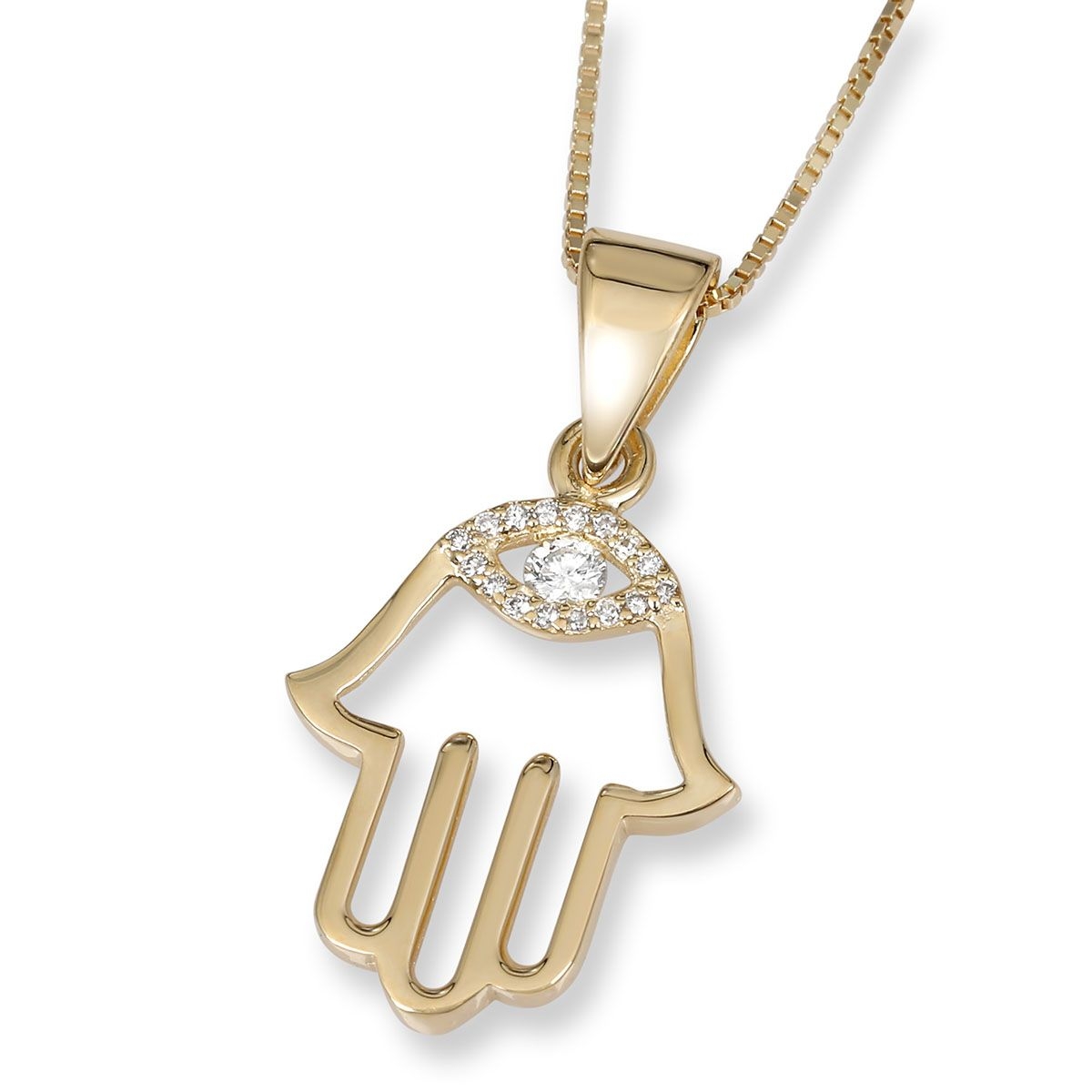 14K Gold Hamsa Pendant Necklace With Diamond-Accented Evil Eye Design (Choice of Color) main product photo