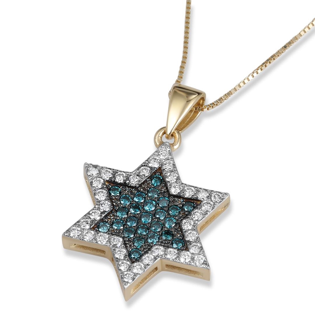 14K Yellow Gold Large White & Blue Diamond Star of David Pendant main product photo