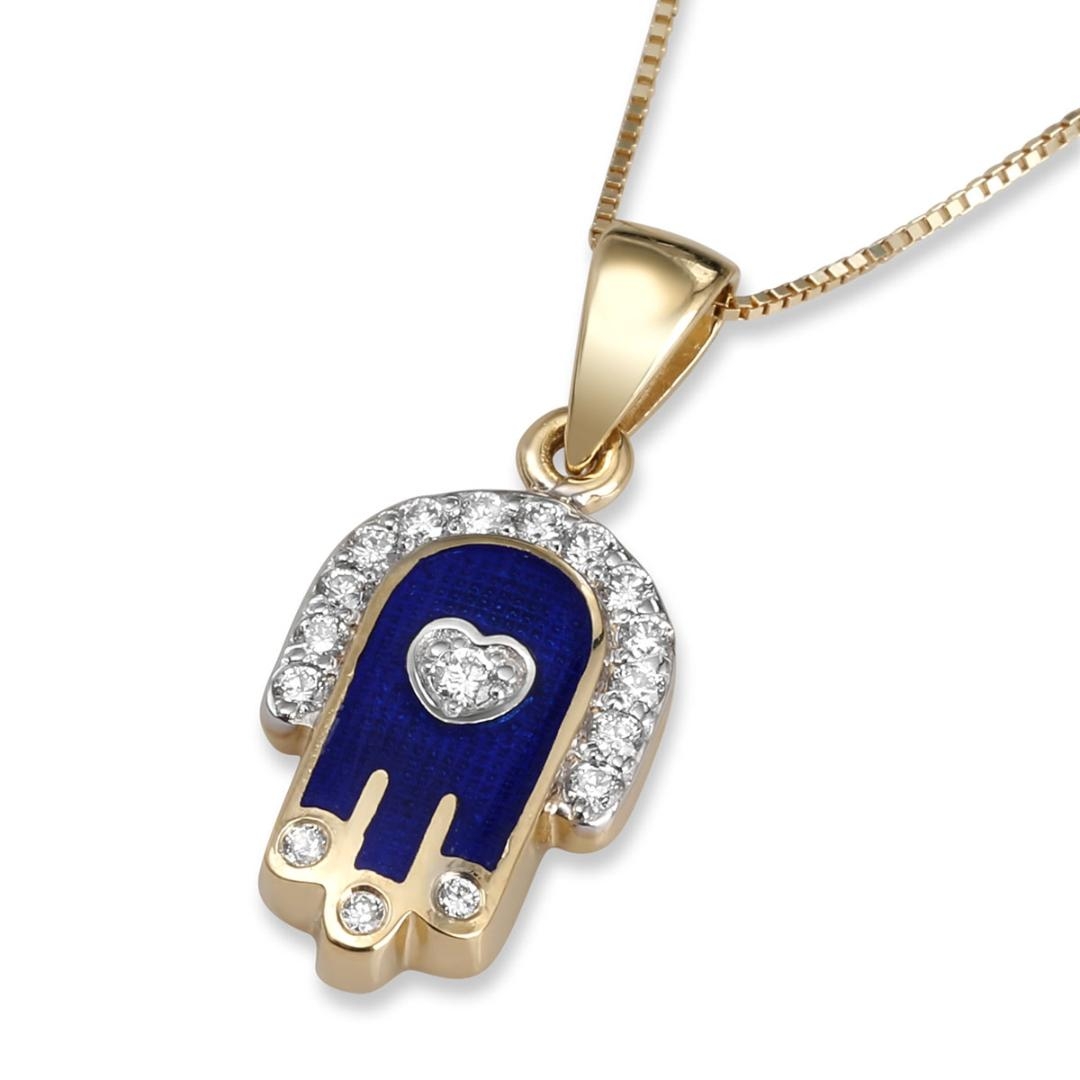 14K Gold Hamsa Love Heart Pendant with Diamonds & Blue Enamel main product photo