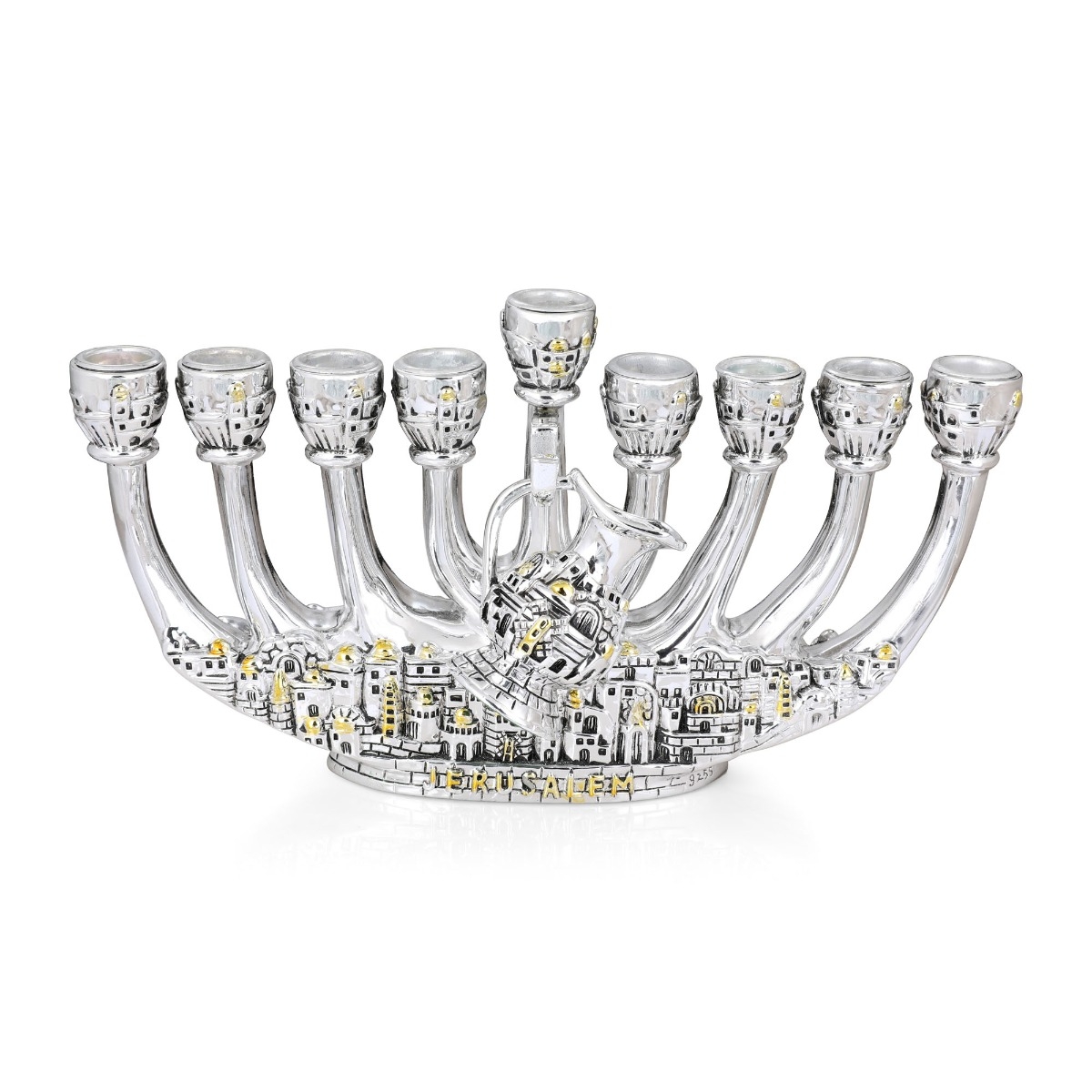 Jerusalem Silver-Plated Hanukkah Menorah with Pouring Jug main product photo