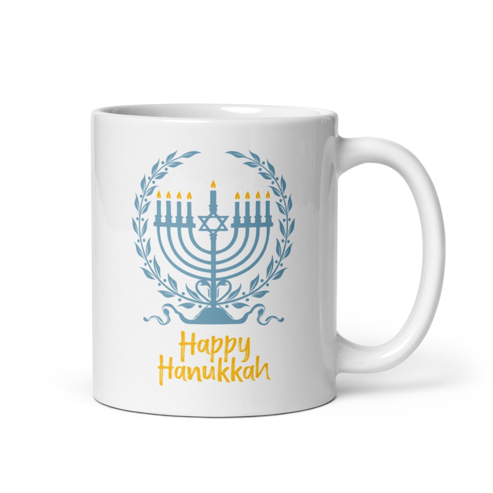 Happy Hanukkah Classic Menorah White Mug main product photo
