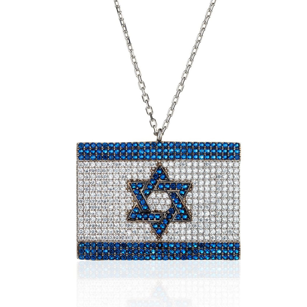 925 Sterling Silver and Cubic Zirconia Israeli Flag Necklace (With Color Option) main product photo