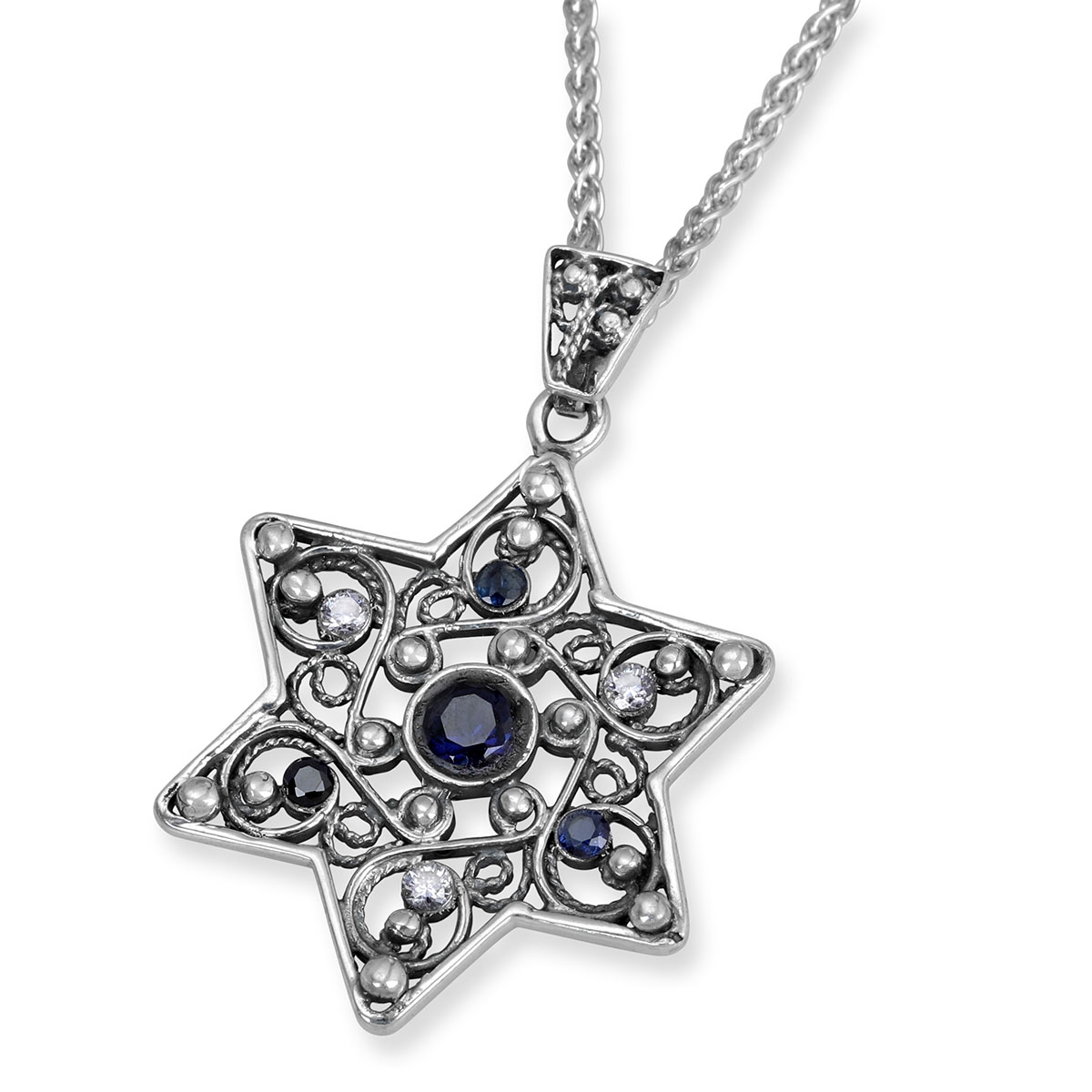 925 Sterling Silver Star of David Necklace With Blue Sapphire and White Quartz main product photo