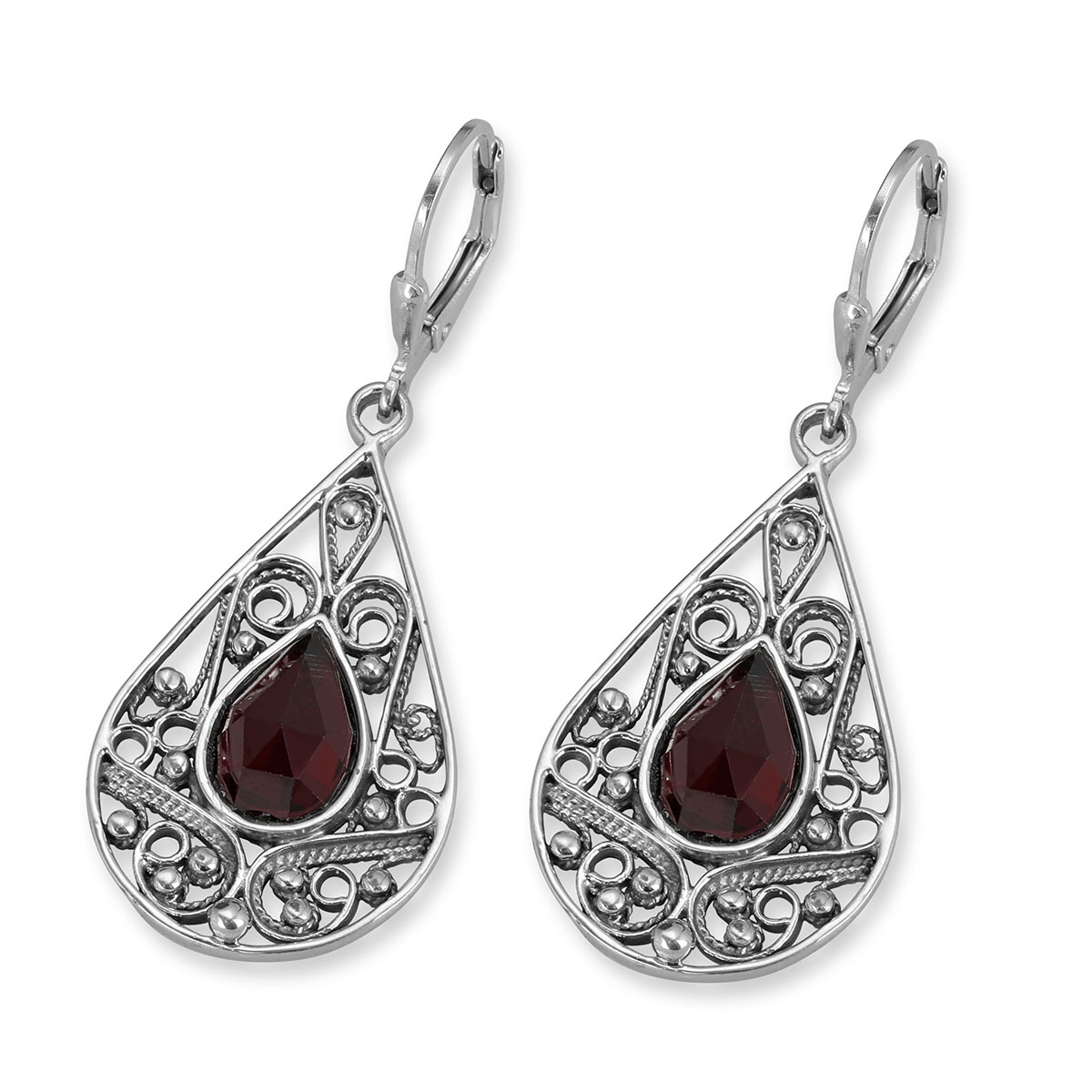 925 Sterling Silver Teardrop Earrings With Filigree Design and Garnet Stones main product photo