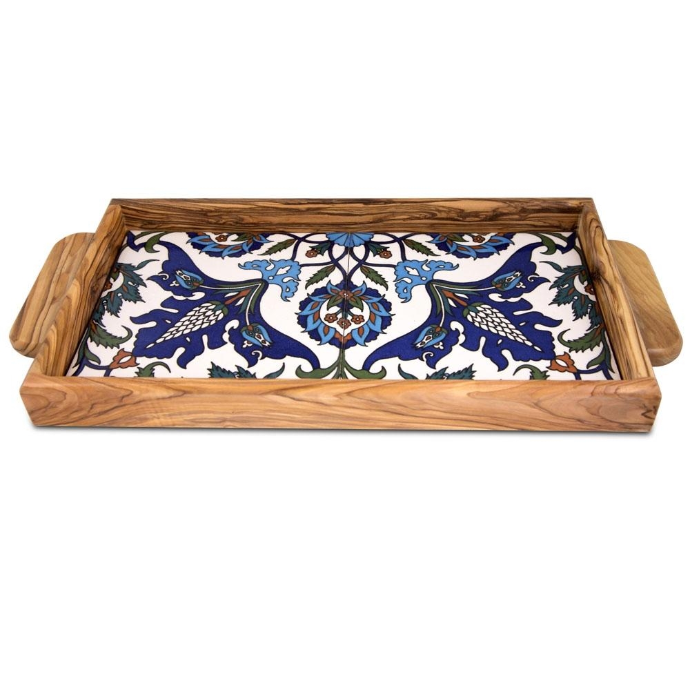 Colorful Flowers: Olive Wood & Armenian Ceramic Serving Tray main product photo