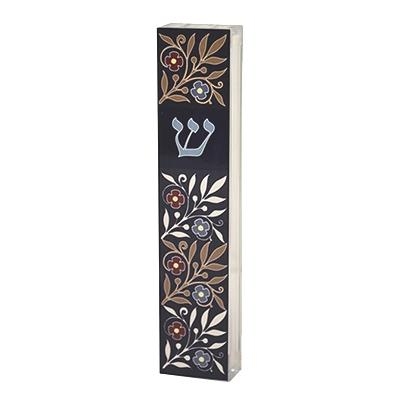 Dorit Judaica Acrylic Mezuzah Case with Aluminum Front - Flowers (Blue) main product photo