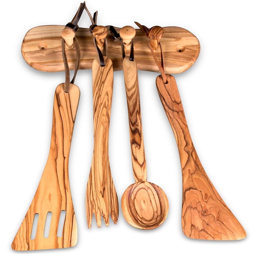 Olive Wood Kitchenware Set with Hanging Rack (5-Piece Set) main product photo