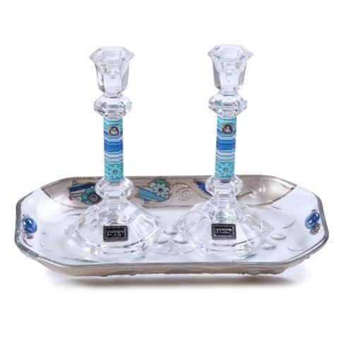 Painted Glass Hebraic Column Candlesticks with Tray: Flowers & Pomegranates (Blue). Lily Art main product photo
