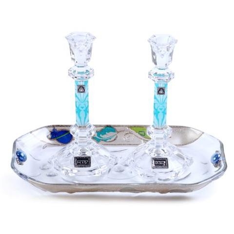 Painted Glass Hebraic Column Candlesticks with Tray: Pomegranates (Light Blue). Lily Art main product photo