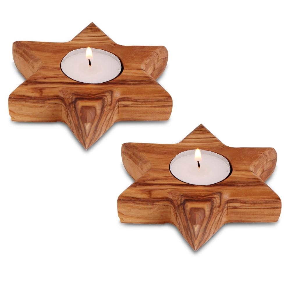 Pair of Olive Wood Candle Holders - Star of David (Large) main product photo