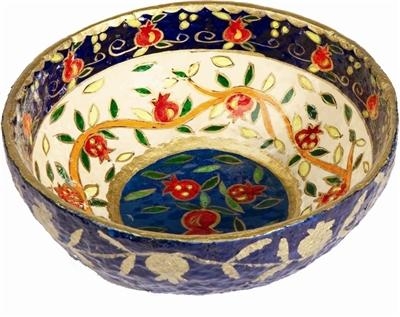 Pomegranates: Yair Emanuel Painted Lacquered Paper Mache Large Round Bowl (White) main product photo