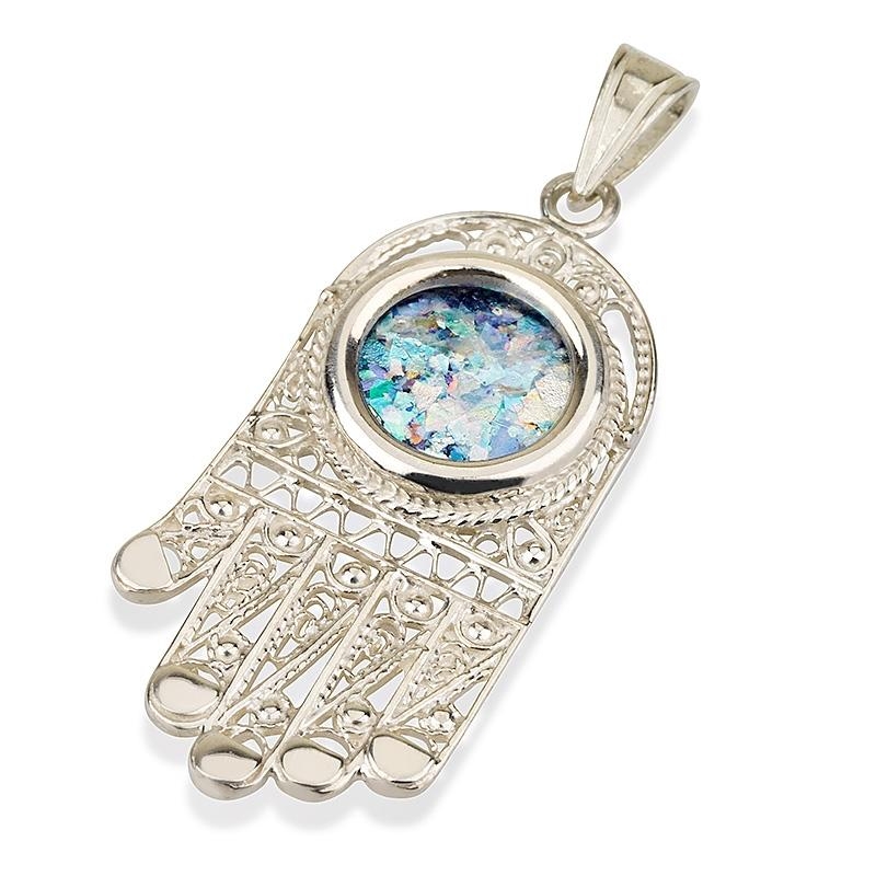 Roman Glass and Silver Deluxe Hamsa Pendant Necklace main product photo