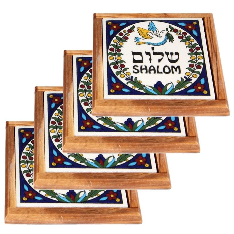 Set of 4 Olive Wood & Armenian Ceramic Coasters - Shalom main product photo