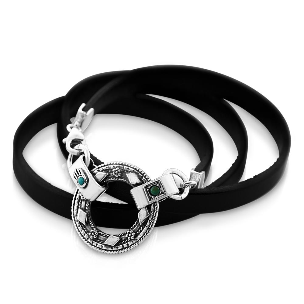 Sterling Silver & Leather Bracelet with Hamsa and Biblical Inscriptions main product photo