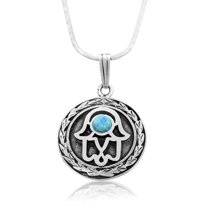 Sterling Silver Hamsa Necklace with Opal Stone  main product photo