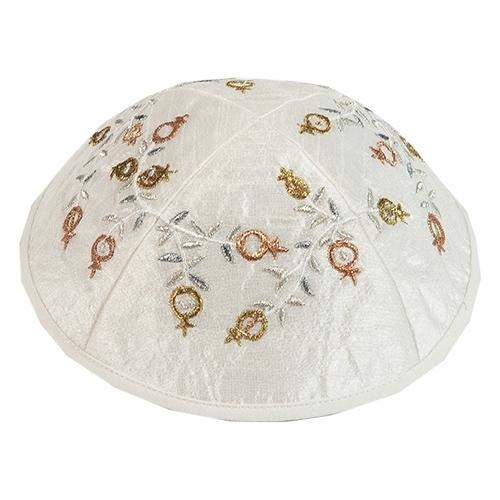 Yair Emanuel Embroidered Silk Kippah - Pomegranates - White main product photo