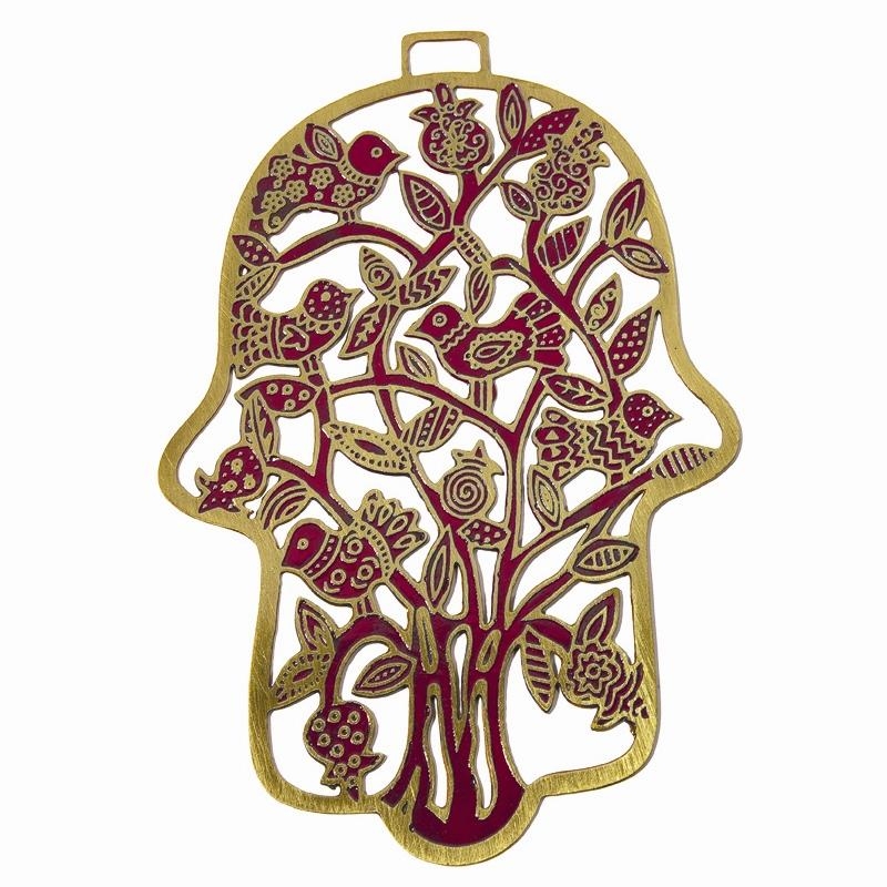 Yair Emanuel Hand Painted Laser Cut Metal Hamsa - Birds and Pomegranates - Red main product photo