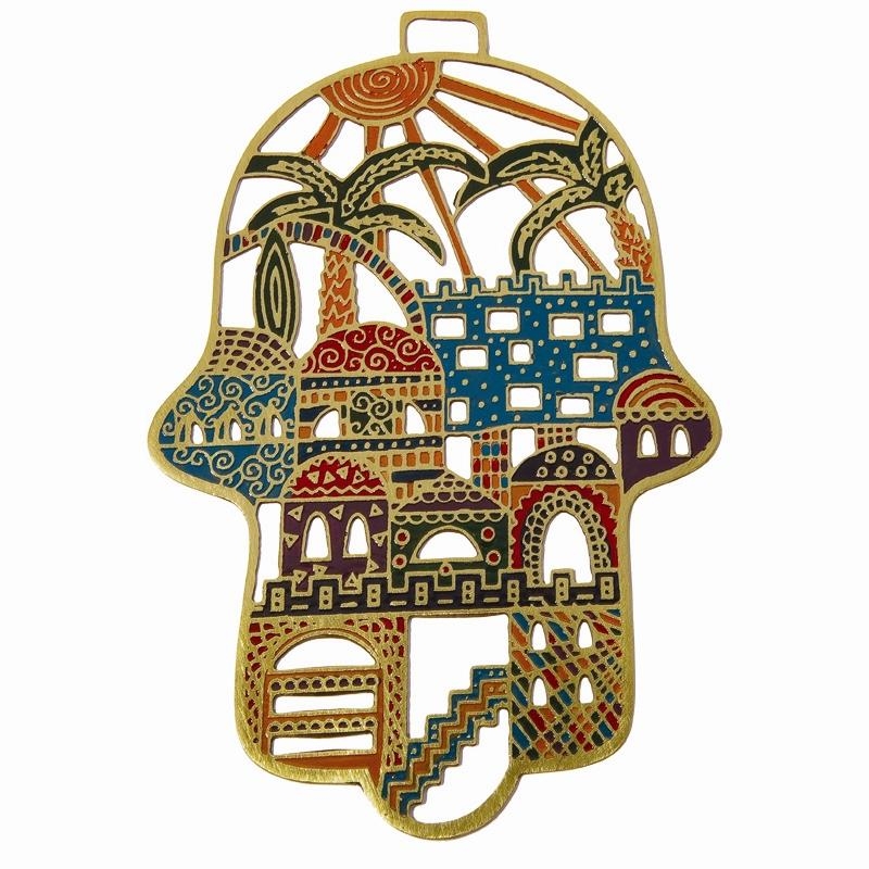 Yair Emanuel Hand Painted Laser Cut Metal Hamsa - Jerusalem - Multicolored main product photo