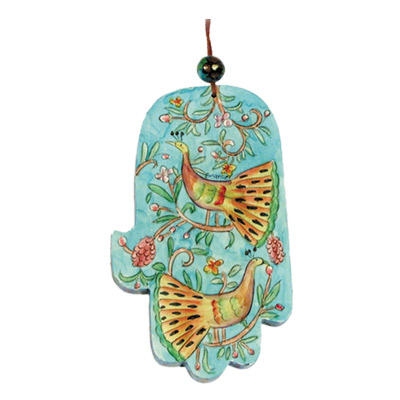 Yair Emanuel Large Wood Painted Hamsa - Peacocks main product photo