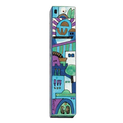 Yair Emanuel Large Wooden Mezuzah - Jerusalem Blue main product photo