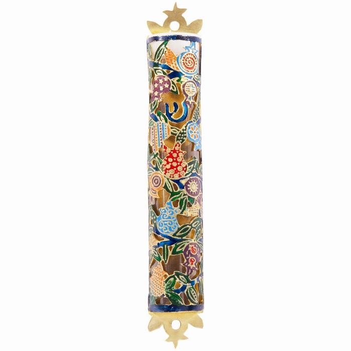 Yair Emanuel Laser Cut Hand Painted Metal Mezuzah - Pomegranates main product photo