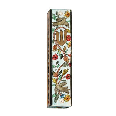 Yair Emanuel Small Wooden Mezuzah - Birds/Flowers main product photo