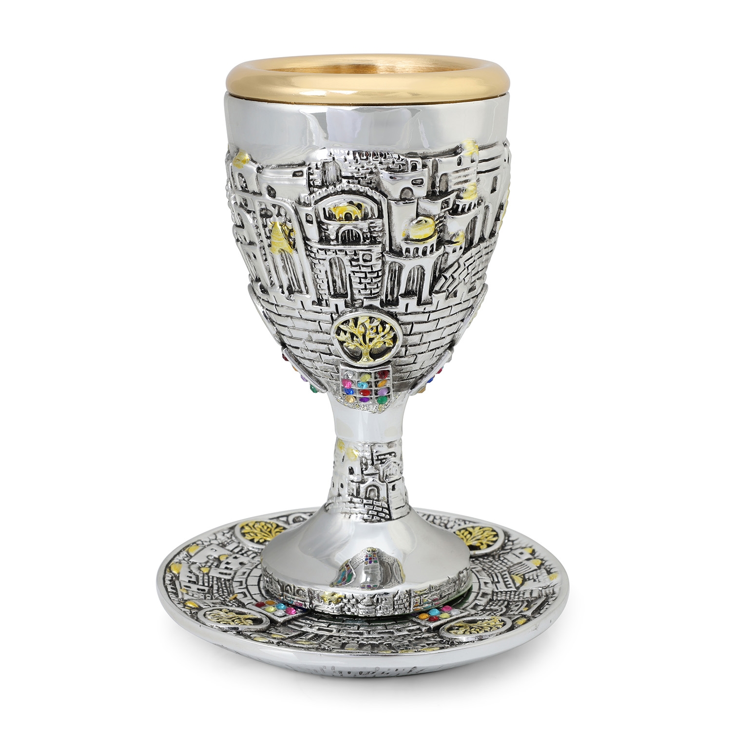 Silver-Plated Kiddush Cup Set With Gold-Accented Tree of Life, Jerusalem and Hoshen Designs main product photo
