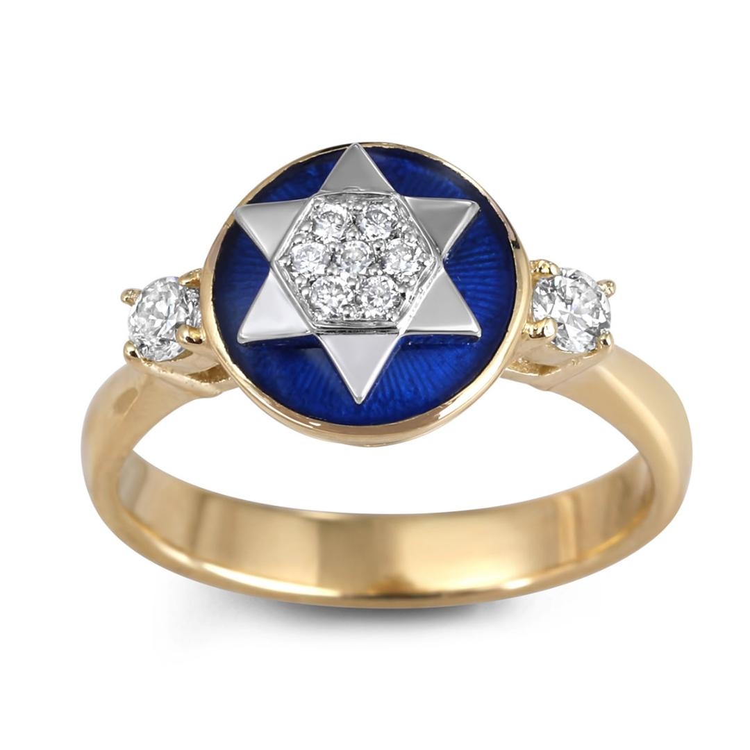 Anbinder Jewelry 14K Gold Star of David White Diamond Circular Ring with Blue Enamel main product photo