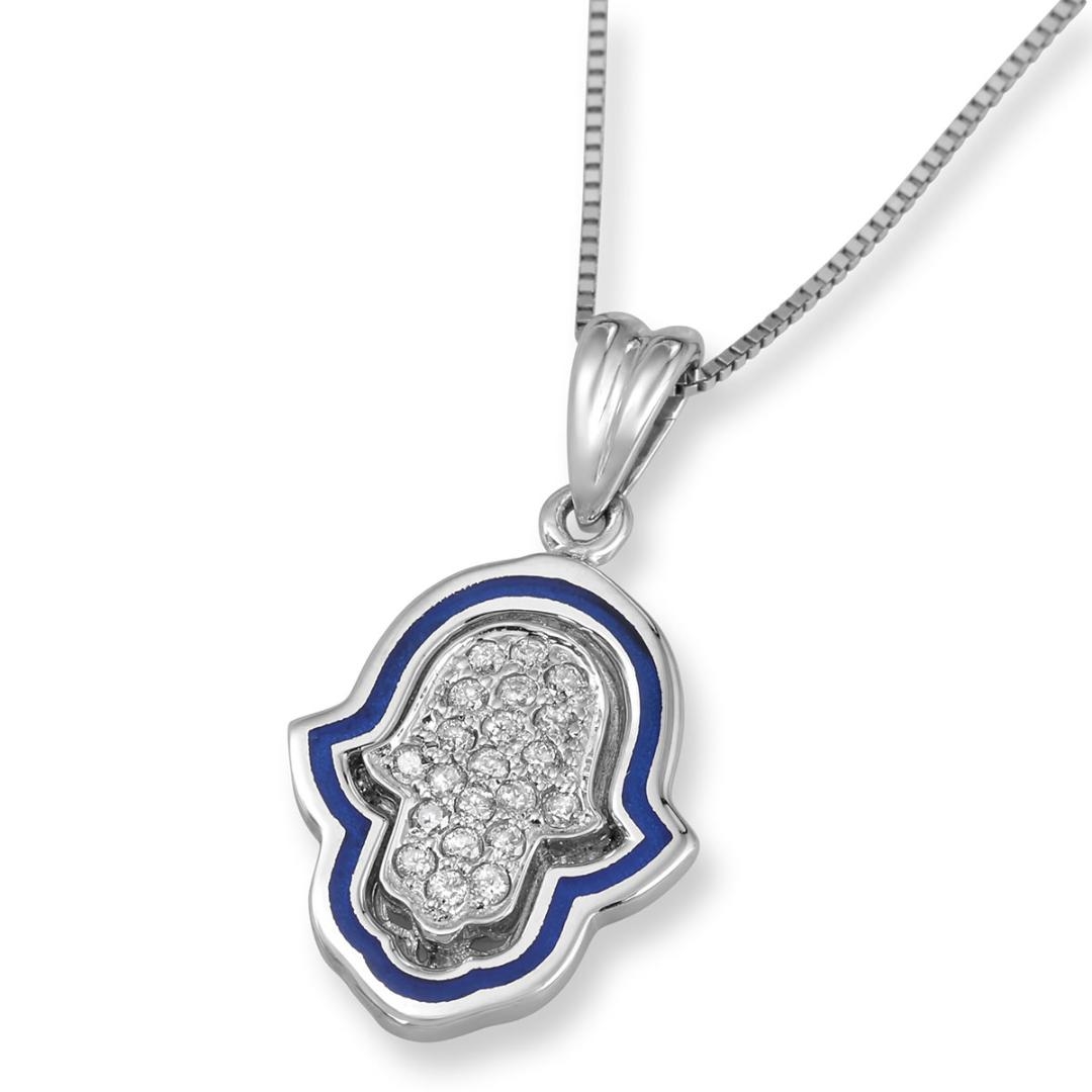 Anbinder Jewelry 14K White Gold Diamond Hamsa Pendant with Blue Enamel Border main product photo