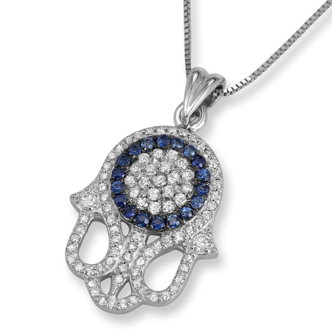 14K White Gold Intricate Diamond Hamsa Pendant with Halo of Sapphire Stones main product photo