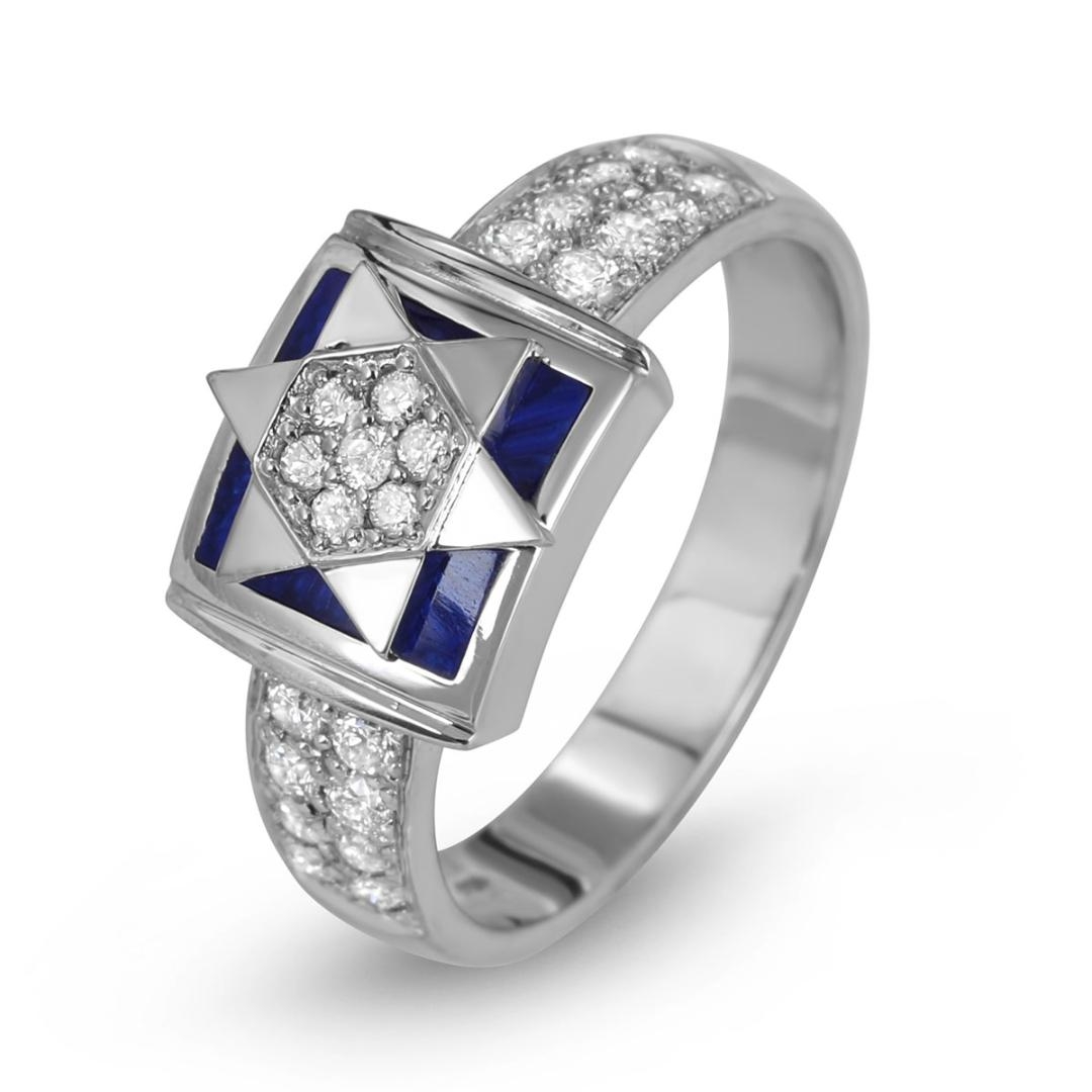 Anbinder Jewelry 14K White Gold Star of David Square Diamond Ring with Blue Enamel main product photo