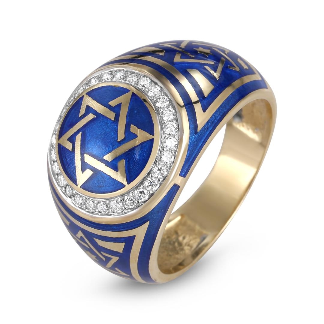 Anbinder Jewelry 14K Yellow Gold Blue Enamel Star of David & Diamond Halo Ring  main product photo
