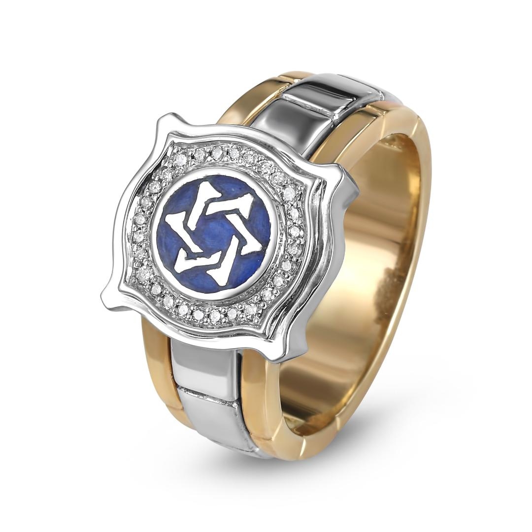 Anbinder Jewelry 14K Yellow & White Gold Men's Star of David Diamond Ring with Blue Enamel   main product photo