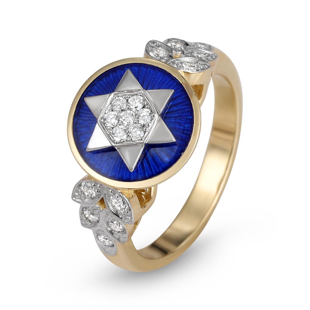Anbinder Jewelry 14K Yellow & White Gold Star of David & Diamond Olive Branches Ring with Blue Enamel   main product photo
