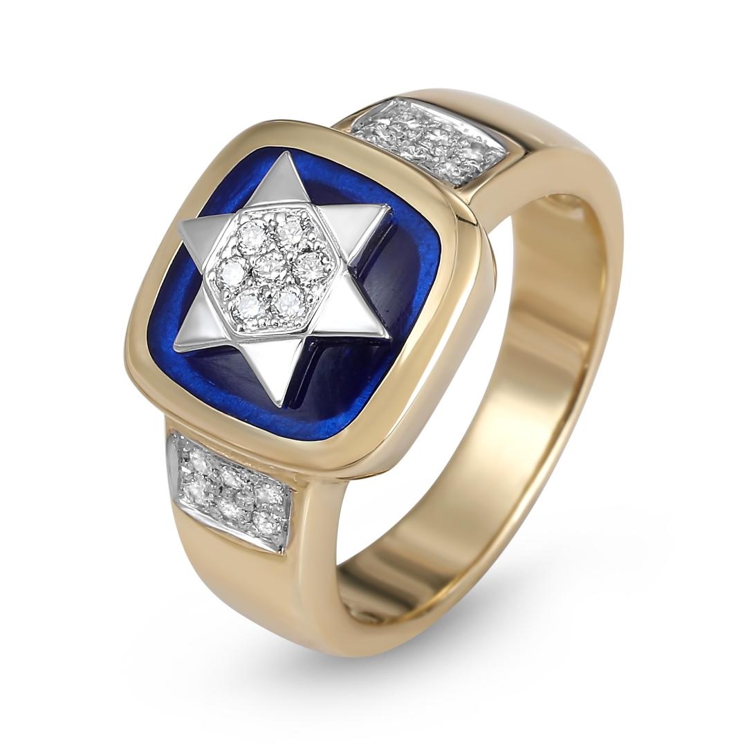14K Yellow & White Gold Star of David Pavé Ring with Blue Enamel and 19 Diamonds main product photo