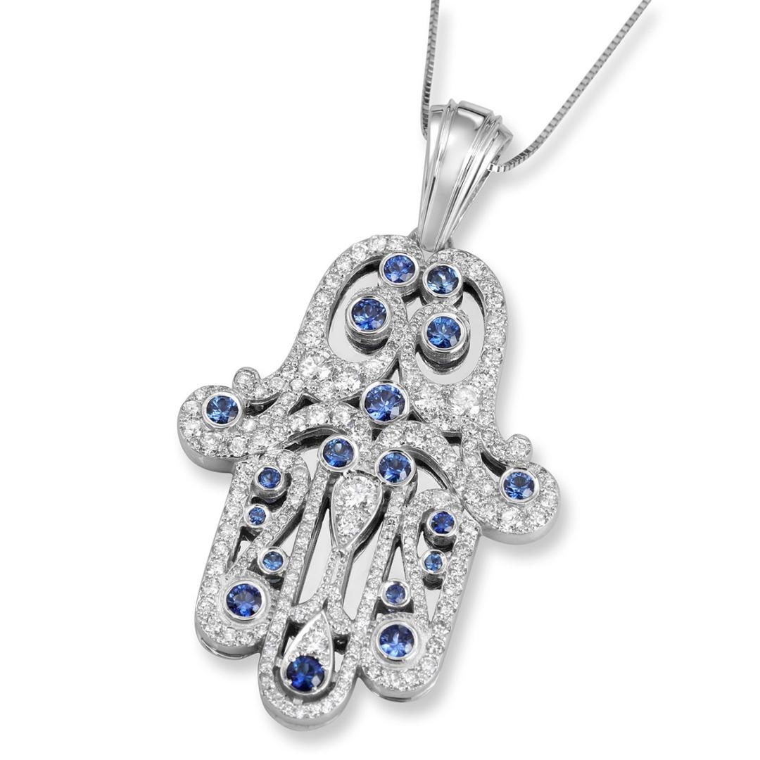 Anbinder Jewelry Extra Large 14K White Gold Intricate Diamond Hamsa Pendant with Sapphire Stones main product photo