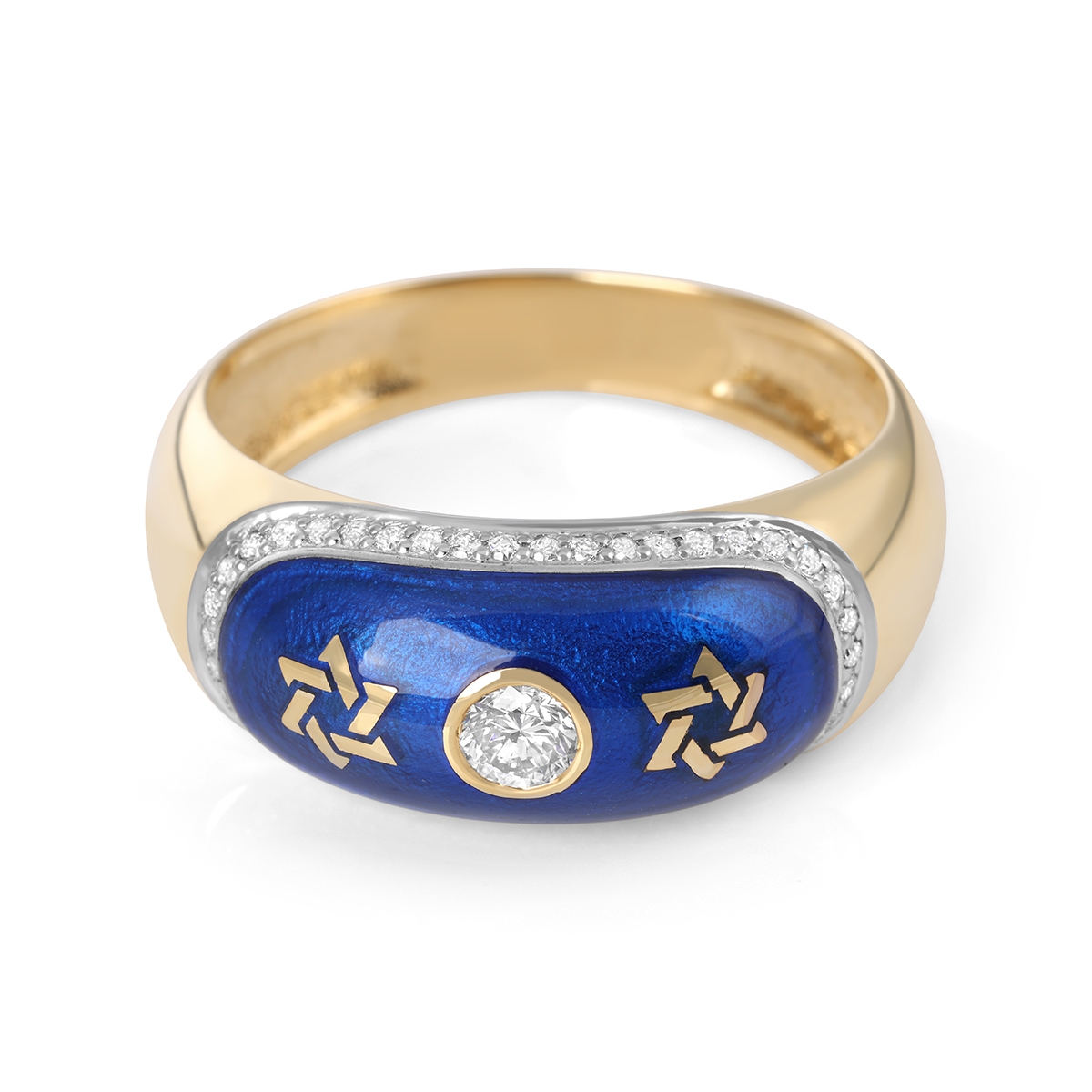 14K Yellow Gold and Blue Enamel Star of David Ring With Diamond Accent By Anbinder Jewelry main product photo