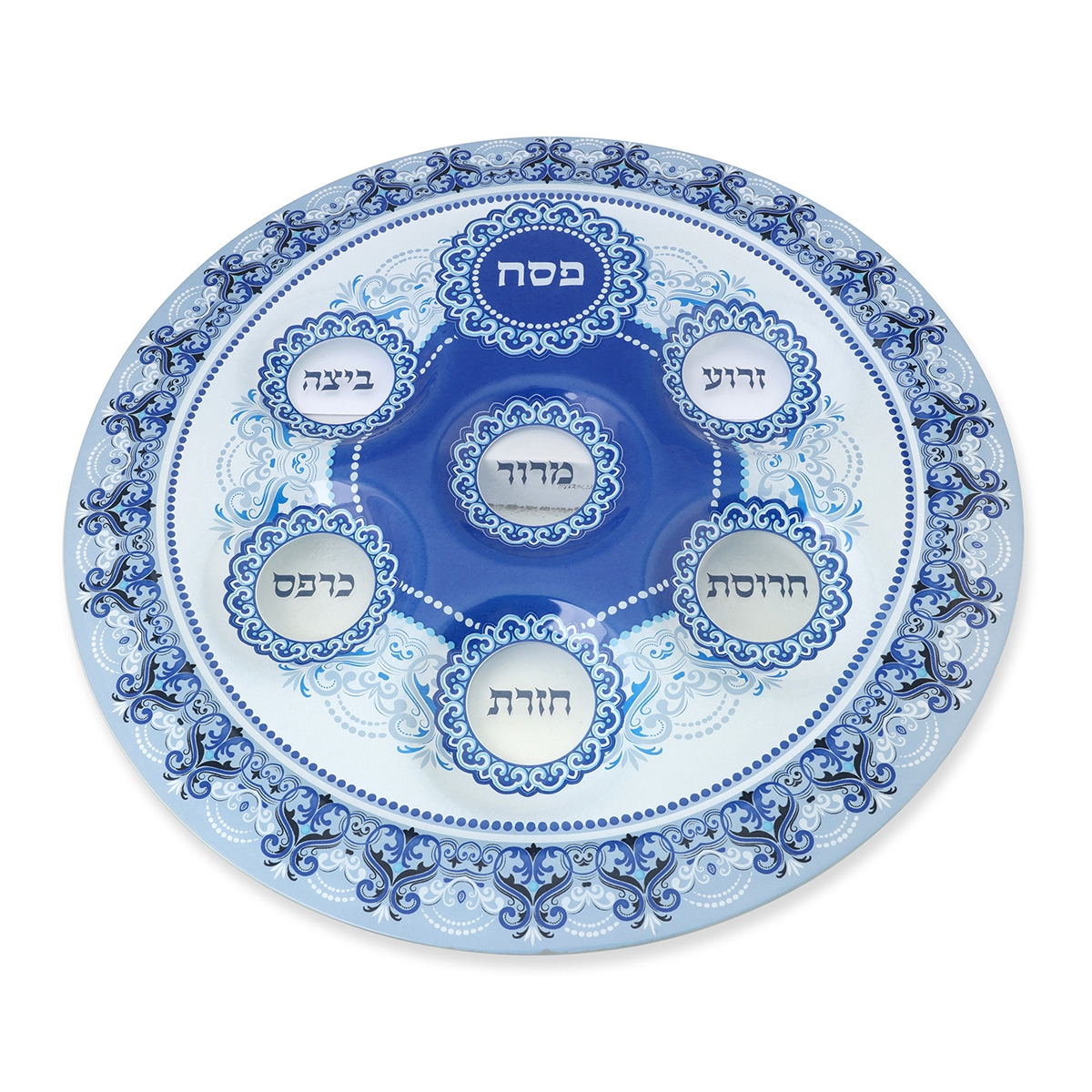 Large Glass Passover Seder Plate With Blue Floral Design - Hebrew main product photo