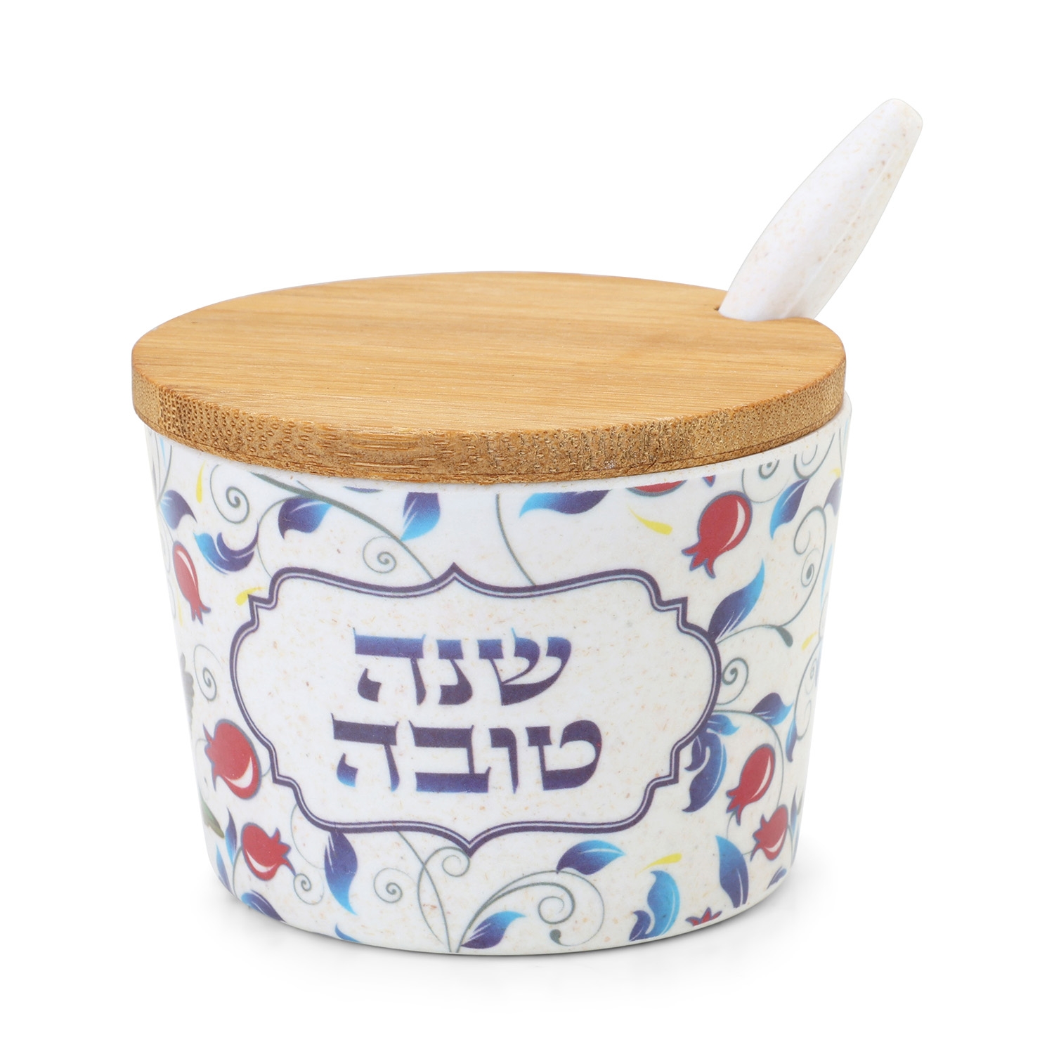 Bamboo Rosh Hashanah Honey Dish with Blue Leaves and Pomegranate Design main product photo
