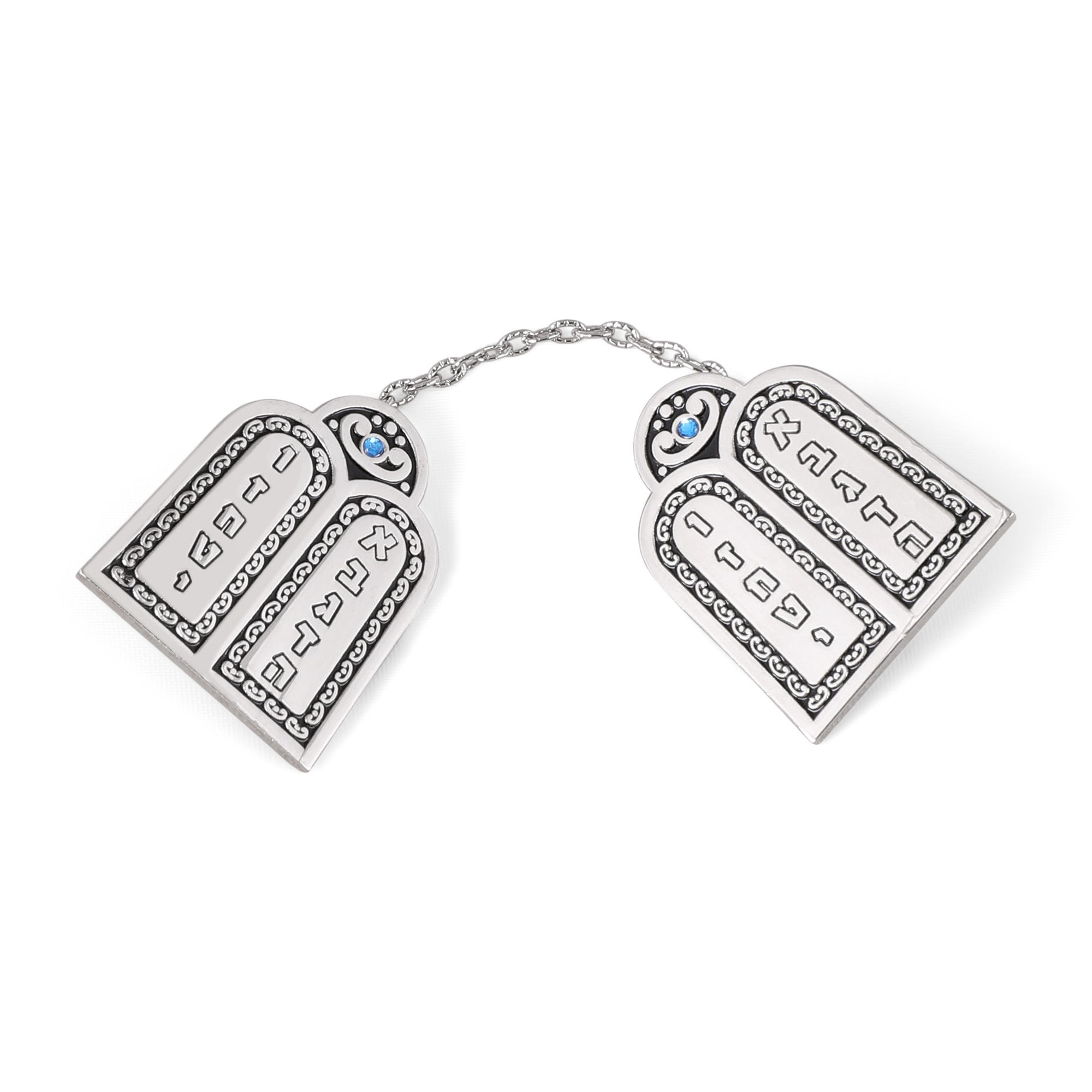 Nickel Ten Commandments Tallit Clips with Blue Crystals main product photo
