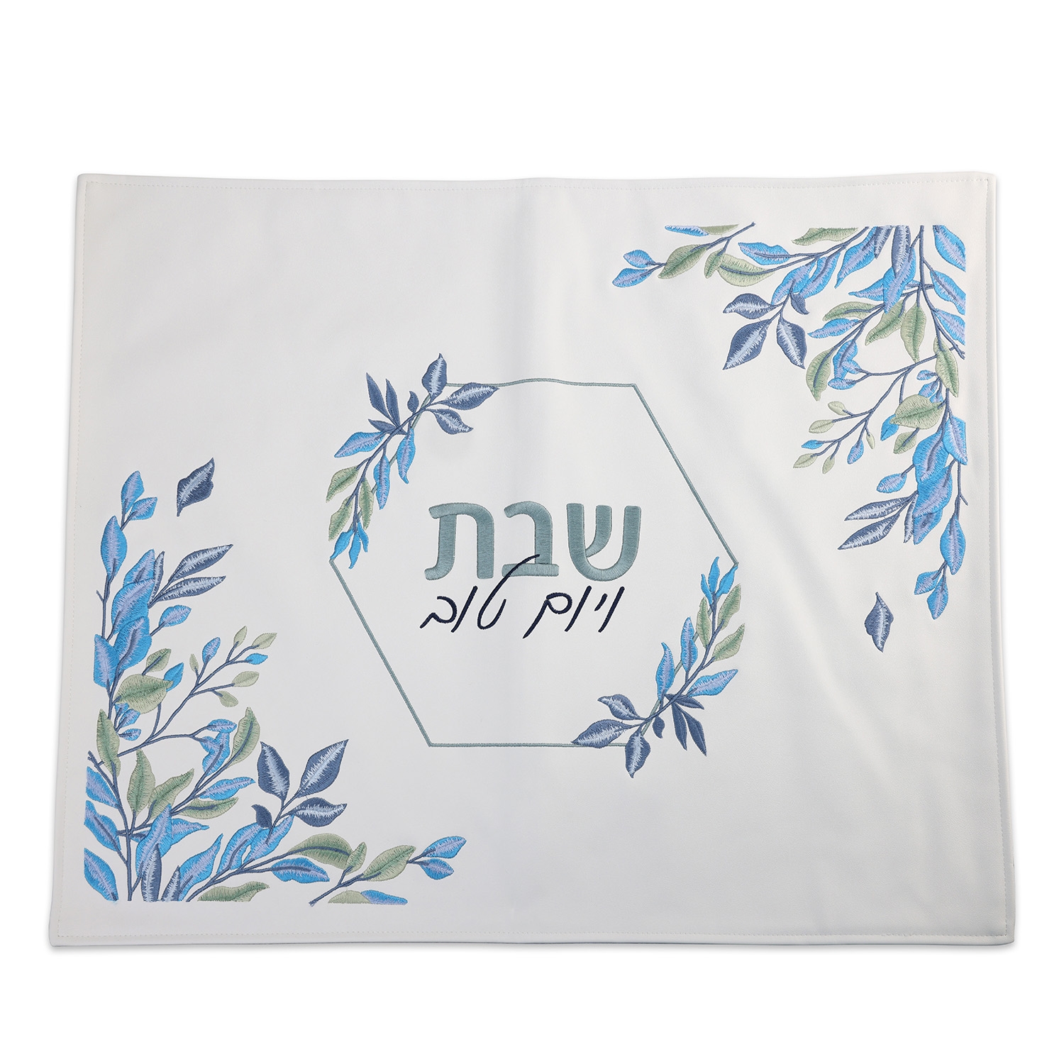 Embroidered Faux Leather Challah Cover with Blue Leaves Design main product photo